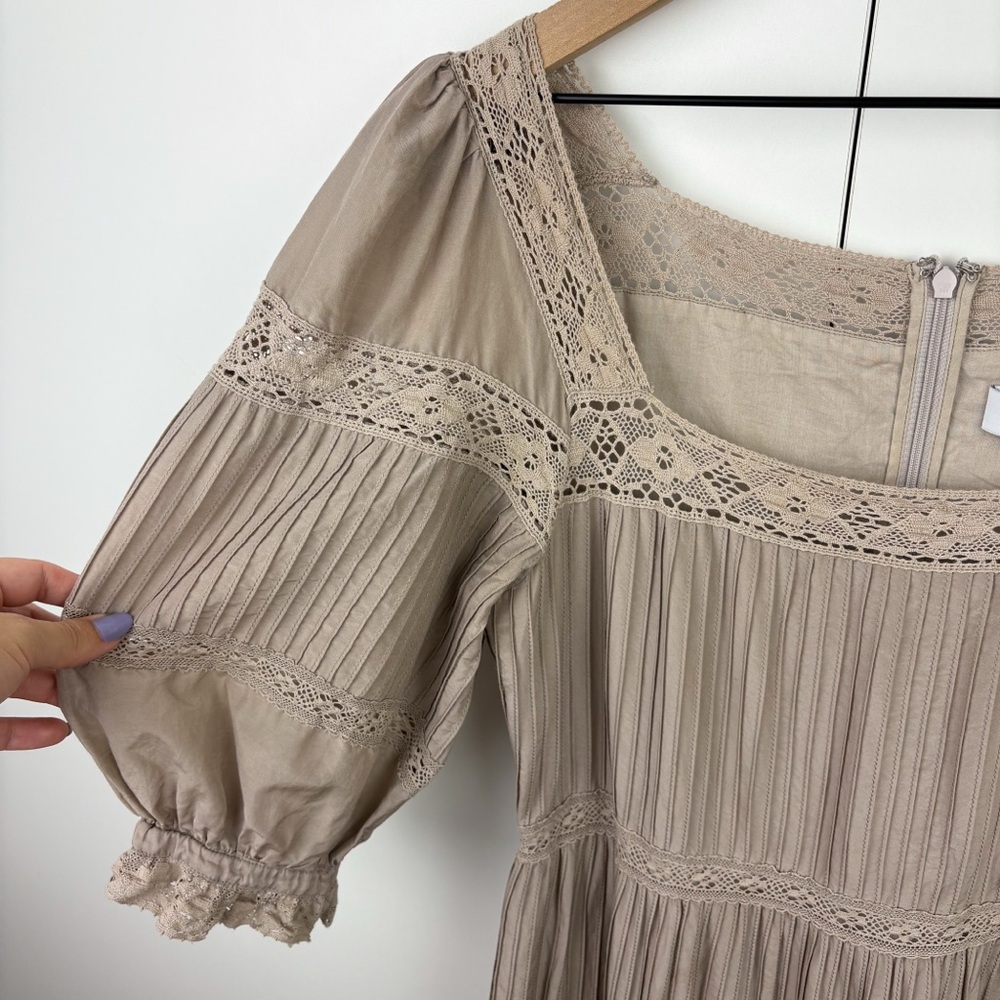 Hunter Bell Evelyn Dress Clay Silk Cotton Midi Square Neck Puff Sleeve Taupe 8 - Picture 7 of 9